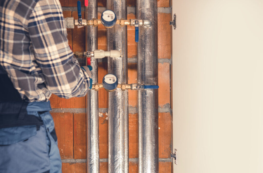 Heating System Final Adjustment Performed by Technician. Pipelines, Valves and Counters of Residential Heating System. Industrial Theme.